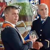 Worshipful Master Bro Nicholl pictured presenting Danny with a crystal gift to mark 60 years in the band. CREDIT MCAULEY MULTIMEDIA