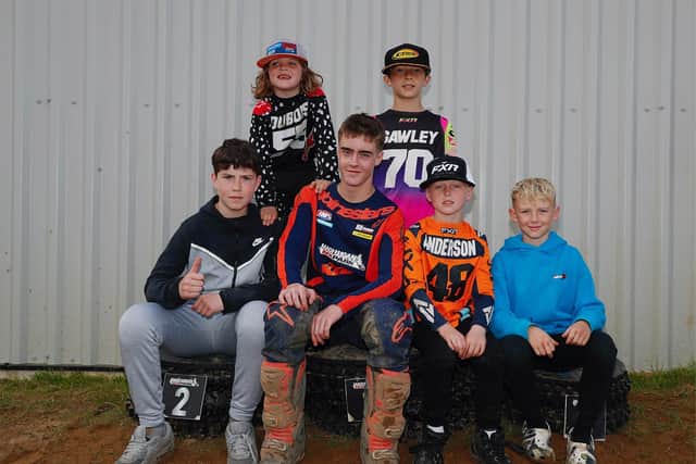 The 2023 Ulster Youth Champions. Back row, from left: Freddie Dubois Beginner Autos) and Ethan Gawley (Junior 65) Front row, from left: Bobby Burns (B/W85), Robbie McCullough (pit bikes), Andrew Anderson (Cadet 65) and Jack Quinn (Automatics). Picture: Maurice Montgomery