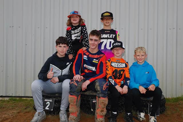 The 2023 Ulster Youth Champions. Back row, from left: Freddie Dubois Beginner Autos) and Ethan Gawley (Junior 65) Front row, from left:  Bobby Burns (B/W85), Robbie McCullough (pit bikes), Andrew Anderson (Cadet 65) and Jack Quinn (Automatics). Picture: Maurice Montgomery