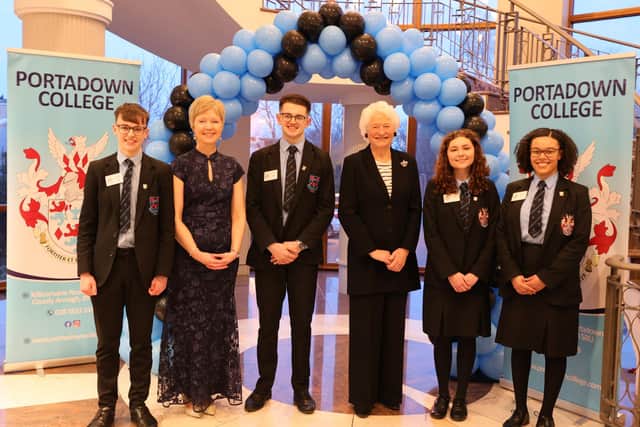 Principal Miss Gillian Gibb and Lady Mary Peters marking a memorable occasion for Portadown College. Picture: Portadown College