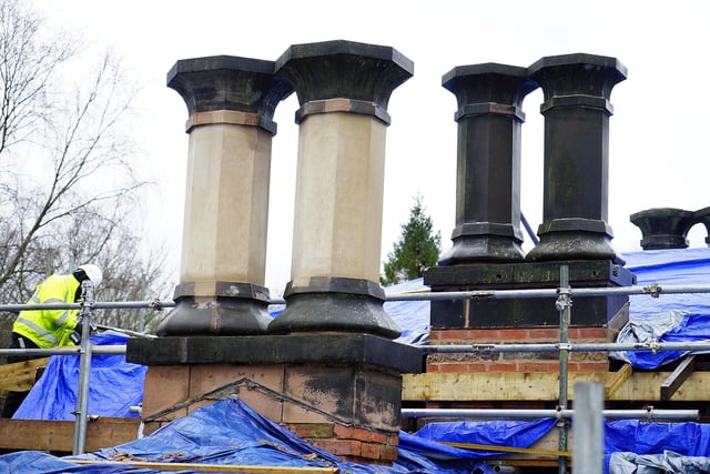 Phase One of Derbyshire Historic Buildings' project has included work on the roof and to cover it with new slate. These chimneys have also been repaired.