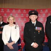 Watch Commander Tommy Torbitt (40 years’ service), Larne, is pictured along with NIFRS Chief Fire & Rescue Officer Aidan Jennings and Alison Millar, Lord Lieutenant of County Londonderry