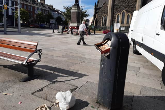 Bins at the War Memorial in Portadown overflowing with rubbish as workers at Armagh Banbridge and Craigavon Council remain on strike. Concerns have been voiced over vermin as food waste continues to litter the streets of Portadown.