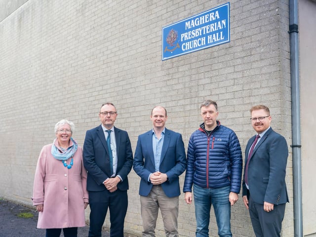 Minister Lyons views improvement work enabled by the Northern Ireland Community Infrastructure Fund at Maghera Presbyterian Church.