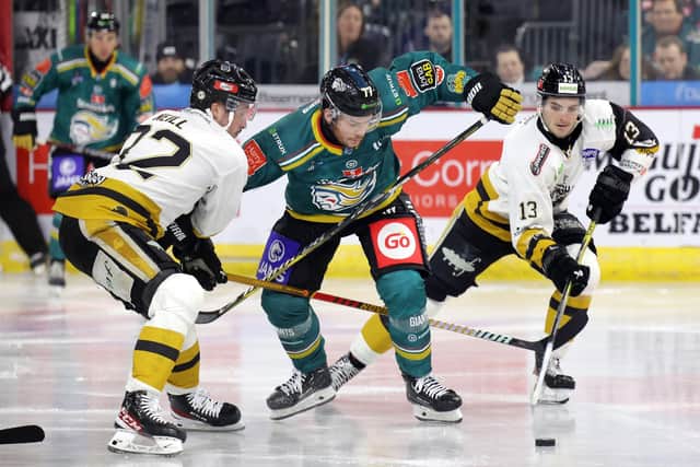 Belfast Giants' Josh Roach with Nottingham Panthers’ Carl Neill and Roy Hugo during Friday nights EIHL game at the SSE arena, Belfast.   Photo by William Cherry/Presseye