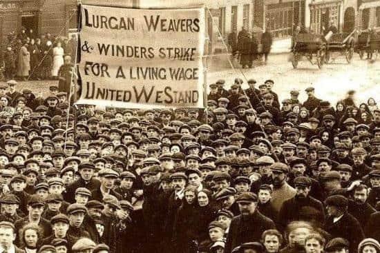 110 years ago the power looms in Lurgan’s major linen producers fell silent. Workers from across the town took to the streets to protest against a cost of living crisis which had caused many to fall below the breadline. In late December 1912, the Weavers and Winders of Lurgan companies such as Johnston & Allen and The Ulster Weaving Company, balloted for strike action over better pay and conditions. In a case which echoes labour disputes of today, the Weavers’ and Winders’ from across the town took industrial action in January of 1913. Dr Barry Sheppard will deliver a talk on the 1913 Lurgan Weavers’ and Winders’ Strike this Tuesday, 9th May, at 7:30pm in the Jethro Centre, 6 Flush Place, as part of the Craigavon Historical Society’s programme of events. Photo courtesy of Lurgan Ancestry.