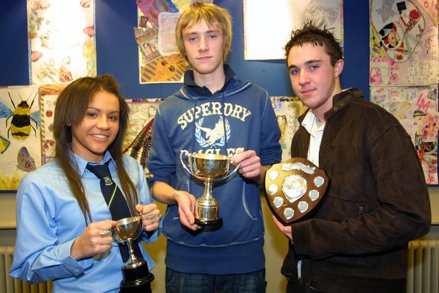 At Fort Hill's prize night in 2006 are Kirsty Morrow(HE), Jamie Rea(Modern Languages), and Christopher Cairns (Occupational Studies)
