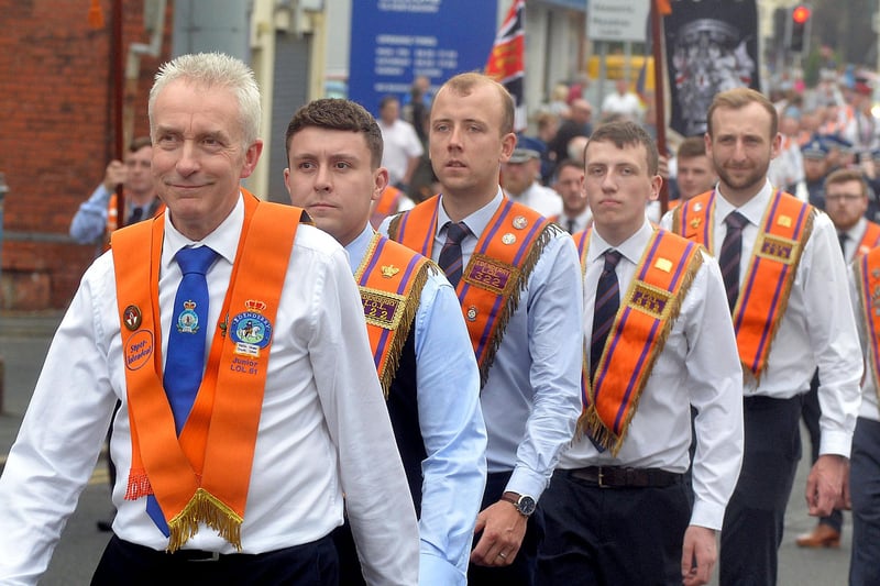 Local butcher John Hoy steps out during Saturday's mini Twelfth parade. PT24-264.