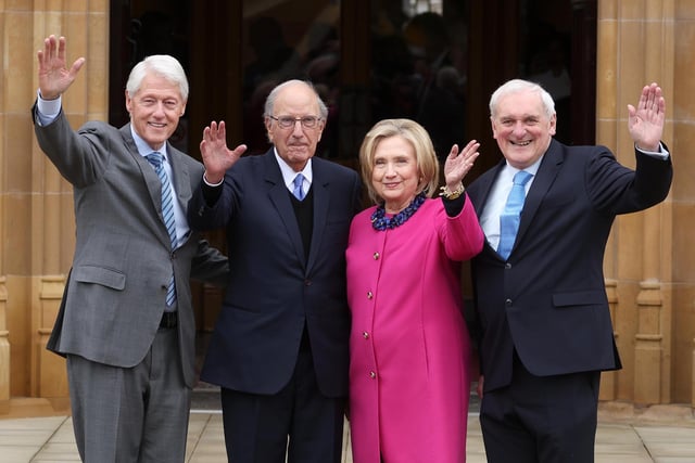 Former American President Bill Clinton with Senator George Mitchell, Hillary Clinton and former Taoiseach Bertie Ahern at Queen’s University.  Picture by Jonathan Porter/PressEye