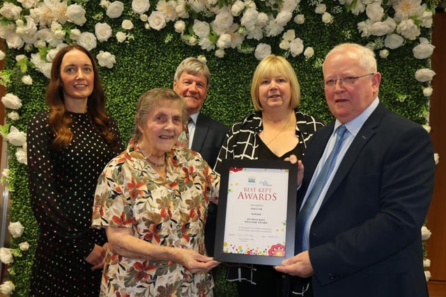 Mallusk received the Best Kept ‘Welcome Award’ at the  2023 Northern Ireland Amenity Council Awards. Pictured L-R are Anna McKelvey, Head of Marketing at George Best Belfast City Airport, Best Kept Patron Joe Mahon, President of The Northern Ireland Amenity Council, Doreen Muskett MBE, Alderman Linda Clark and Alderman John Smyth.