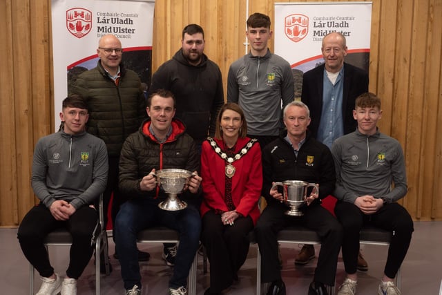 Pictured at the Civic Awards with Chair of the Council, Councillor Córa Corry, are representatives from the U19 squad St Joseph’s Grammar School, Donaghmore who won the Danske Bank U19 2023 MacLarnon Cup. The squad also won the Paddy Drummond Cup. Also pictured are nominating councillors, Councillor Dan Kerr, Councillor Sean McGuigan and Councillor Dominic Molloy.