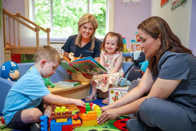 Celebrating Clear Day Nurseries’ prestigious UK industry gongs for its childcare facilities are Daire O’Connor (4), Laura Vincent, nursery manager, at Kids@BT9 Daycare, Sienna McLoughlin (2) and Evelyn Verschuur, pre-school room leader. Credit: Matt Mackey