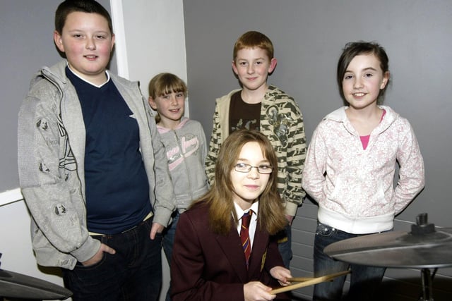 Ashleigh Chambers, Gareth Stewart, Margaret Malone, John Scott and Shannon Taylor in music class at Dunmurry High School's open night in 2008