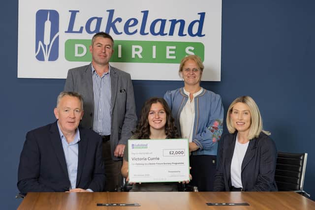 Lakeland Dairies Bursary recipient Victoria Currie from Ballymoney with her parents Robert and Cynthia and Liz Shouldice, Chief People Officer and Pat Shiels, Chief Strategy & Member Officer, Lakeland Dairies.