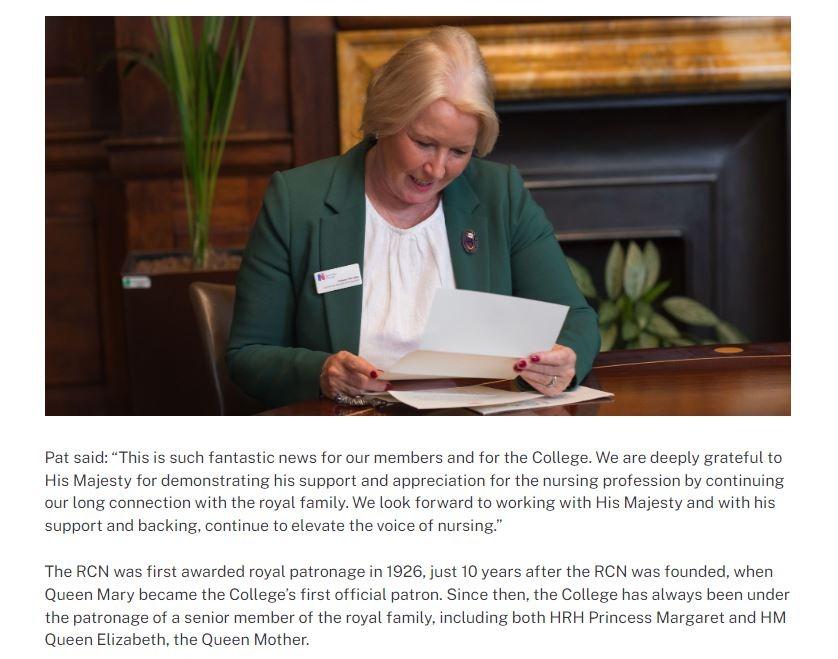 Article with comments from Pat Cullen praising King Charles disappears from the Royal College of Nursing website