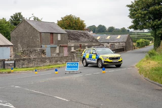 A general view of the scene of the one-vehicle hit-and-run road traffic collision in the Ballyeaston Road area of Ballyclare on Friday, August 15, 2025. Picture: Press Eye.