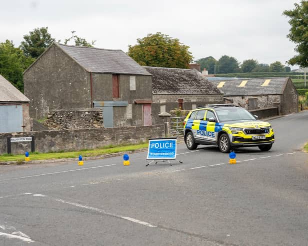 A general view of the scene of the one-vehicle hit-and-run road traffic collision in the Ballyeaston Road area of Ballyclare on Friday, August 15, 2025. Picture: Press Eye.
