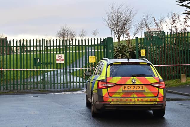 Police  at the scene on Friday morning following the sudden death of a man in Lord Lurgan Park within the vicinity of Derry Street, Lurgan on Thursday night. Picture: Colm Lenaghan / Pacemaker