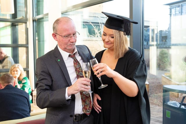 South West College (SWC) Dungannon campus graduate Jessica McVey from Moortown with her Dad, celebrating her achievements on the CIPD Level 5 Associate Diploma in People Management.
