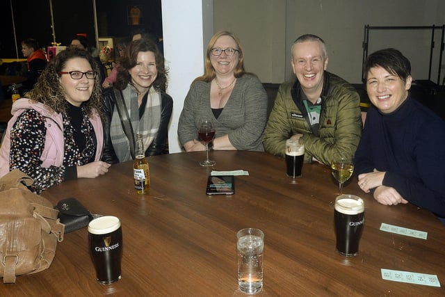 Happy faces at the Parents and Friends Of Portadown College table quiz including from left, Helen White, Ashleigh Gamble, Sara Gilpin and James and Julie Hamilton. PT09-206.