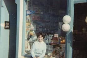 Sheila Conway pictured outside the famous Portstewart sweet shop in 1964