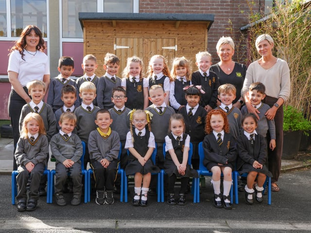 The P1 class at King's Park Primary School with Mrs Oliver, Miss Irwin and classroom assistant Mrs McNeill.