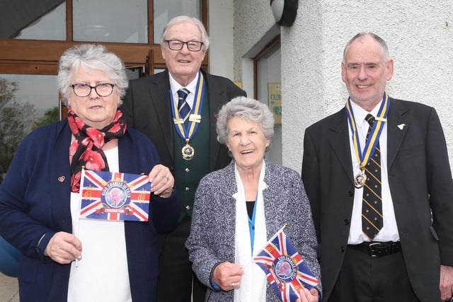 Neil Mills, Chairman, and Jim Fairburn, President, with Eileen McAllister and Ella Harbinson pictured at Bushmills Royal British Legion  Coronation tea party held at Dunluce Parish centre on Monday