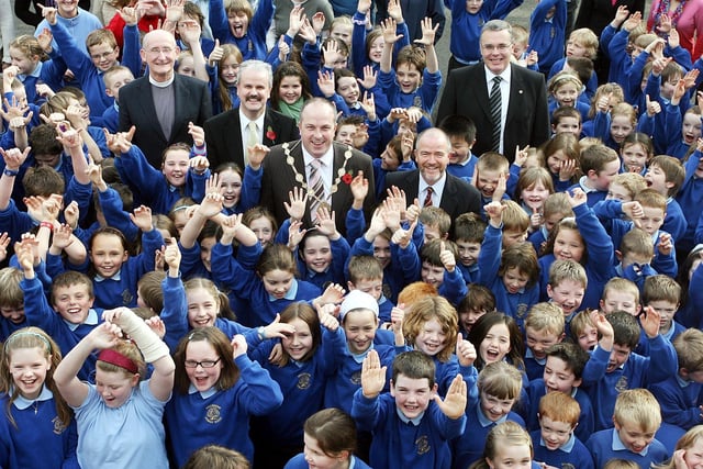 Cannon Ernest Harris Rector of Ballinderry, Councillor Thomas Beckett, Lisburn Mayor James Tinsley, Ballinderry Primary School Principal Ian Thompson and Chairman of Balinderry PS Board Of Governors Noel McGee pictured in 2007