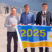 From left - Mark Strong, Coast and Countryside Officer, Causeway Coast and Glens Borough Council; Eric Randall, CEO, Keep Northern Ireland Beautiful; Councillor Ciarán McQuillan, Mayor of Causeway Coast and Glens; Sinead Murray, Local Environmental Quality Manager, Keep Northern Ireland Beautiful; Eric Randall, CEO, Keep Northern Ireland Beautiful. CREDIT PHIL MAGOWAN