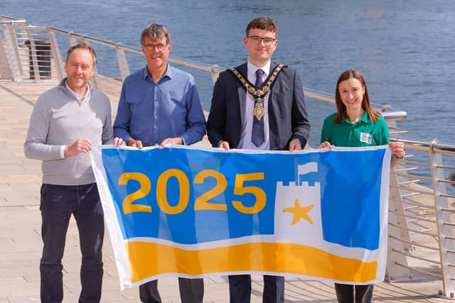 From left - Mark Strong, Coast and Countryside Officer, Causeway Coast and Glens Borough Council; Eric Randall, CEO, Keep Northern Ireland Beautiful; Councillor Ciarán McQuillan, Mayor of Causeway Coast and Glens; Sinead Murray, Local Environmental Quality Manager, Keep Northern Ireland Beautiful; Eric Randall, CEO, Keep Northern Ireland Beautiful. CREDIT PHIL MAGOWAN