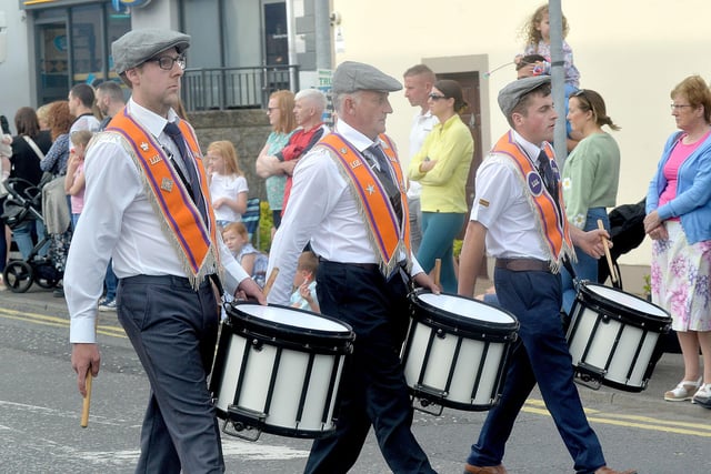 Drummers of the Redrock Purple Star Heroes Lodge Band pictured taking part in the Mini 12th parade in Markethill. PT27-276.