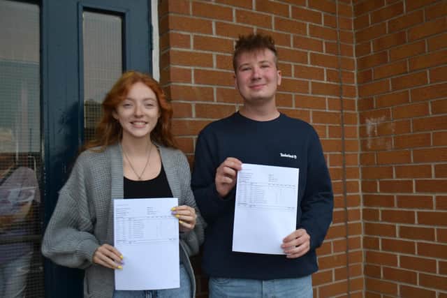 Year 14 Laurelhill students Dylan Lilburn and Abi Reynold celebrating A Level success. Dylan achieved 2As and 1 B and Abi achieved an A star and 2Bs. They will commence study at QUB and UU in September. Pic credit: Laurelhill Community College
