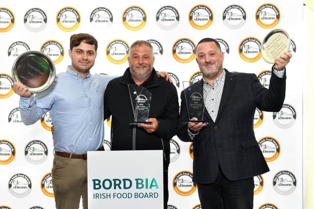 Marino, Dario and Arnaldo Morelli from Morelli Ice Cream who won the Supreme Champion Food Producer Award for their ice cream sorbet at the Blas na hEireann / Irish Food Awards in Dingle, County Kerry on Friday. Photo: Don MacMonagle