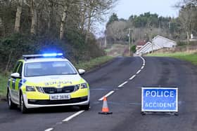 Police at the scene after the crash involving a motorbike and lorry on Steeple Road, Antrim. Photo: Presseye