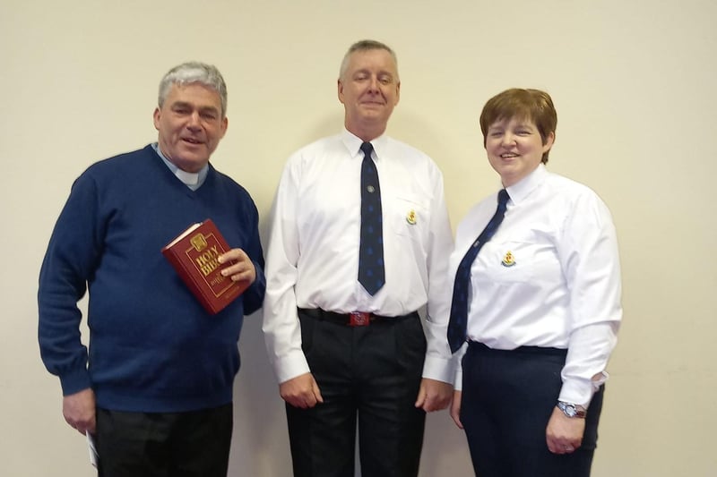 Inspecting officer, Mr Peter McConnell, Captain of 1 st Aughnacloy and Ballymagrane Company, is welcomed by Mrs. Helen Farley and Rev. Bill Atkins.