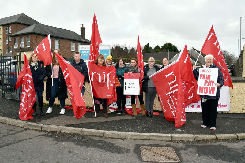Health workers on the picket line at Lurgan Hospital on Thursday morning. PT05-200.