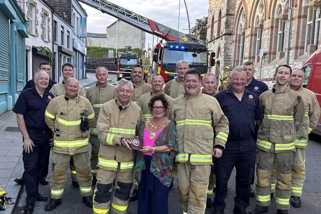 Mayor of Mid and East Antrim, Alderman Gerardine Mulvenna, visited the scene to thank the firefighters involved for their swift action in combatting the blaze.  Photo: Larne Fire Station