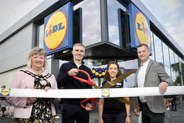 Pictured are Chair Cllr Frances Burton (Mid Ulster District Council); Aaron Hughes (Former Northern Ireland Football Captain); Sarah Law (Lidl Cookstown Store Manager); Gordon Cruikshanks (Regional Managing Director, Lidl Northern Ireland). Credit: Supplied