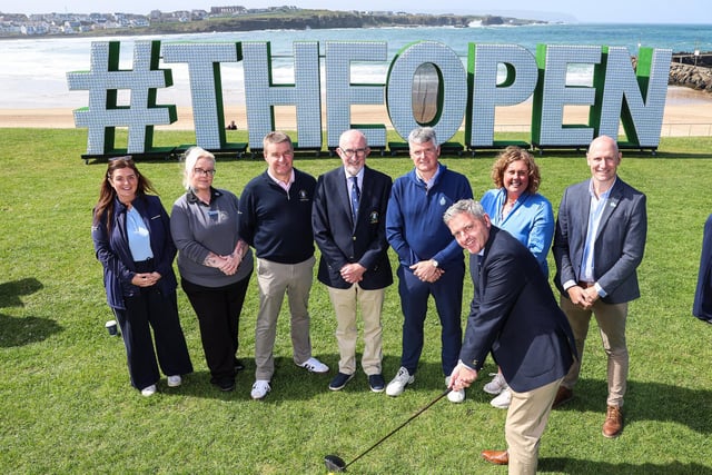 Pictured at Kerr Street Green in Portrush on May 2 during Tourism NI’s Epic Journey to The 153rd Open were (in front) Adrian Johnston, Club Captain of City of Derry Golf Club (L) Becca Tootill, Toursim Northern Ireland's Golf Marketing Executive, Kirsty Murray-Whelan, Golf Sales and Marketing Manager at Portstewart Golf Club, Kevin Doherty Former Captain and Gerry Cunningham, Former Captain of City of Derry Golf Club, Gary McNeill, Head PGA Professional and Charlene Reid, Senior Assistant/PGA Professional at Royal Portrush Golf Club and George Diamondis, Tourism NI's Golf Marketing Manager (R).