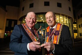 Most Wor. Bro.  Edward Stevenson presents the Grand Master’s Award to Wor. Bro. Perry Reid at the 2024 Orange Community Awards which was held in the Island Arts Centre, Lisburn. Picture: Graham Baalham-Curry.