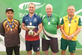 The finalists of the World Bowls Champions of Champions 2022, Runner-up Izzat Dzulkeple (Malaysia), Winner Sam Tolchard (England), Bronze medallists Gary McCloy (Ireland) and Lee Schraner (Australia).