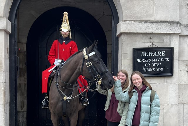 Choir members Anna and Holly at Horse Guards.