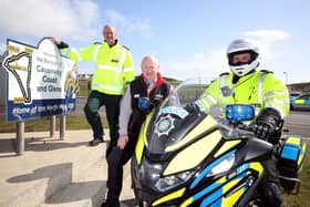 L - R: Causeway Coast and Glens District Commander, Superintendent Mark Roberts, Director of North West 200, Mervyn White and PSNI Constable for Roads Policing. CREDIT PSNI