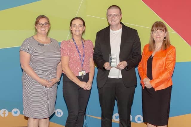 Pictured are Ciara Rocks, Manager of Finaghy Orthodontic Centre, Charlene McElchar - Course Coordinator, Harry Mitchell - Student, Celine McCartan - SWC Chief Executive. Credit: SWC