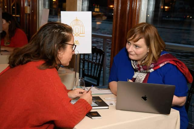 Claire O'Kane, Mussenden Sea Salt (right), meeting a French luxury travel buyer at a networking event in Paris organised by Tourism Ireland