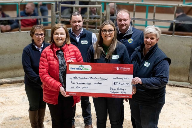 Staff at Fane Valley Stores, Ballymena Mart presented a cheque for £5,340 to Briege Mulholland of Air Ambulance NI raised from the auction of a Christmas hamper. From left: Jean McCurdy, Fane Valley Stores sales advisor; Breige Mulholland, NI Air Ambulance; Seamus Mullen, store manager; Catherine Chesney, Fane Valley Stores sales advisor,; Graham Loughry, mart auctioneer and Leanne Workman, Fane Valley Stores sles advisor. Leanne Workman from Fane Valley Stores and event organiser said she was overwhelmed by the support from all who helped raise such a brilliant total. “The amount of money raised was fantastic. It reflects the generosity of our customers and the rural community. We are very appreciative of the support from the mart, without whom this wouldn’t be possible. This money will now go towards a charity that provides a world class helicopter emergency service providing outstanding critical care where and when it is needed often helping rural and farming families”.
