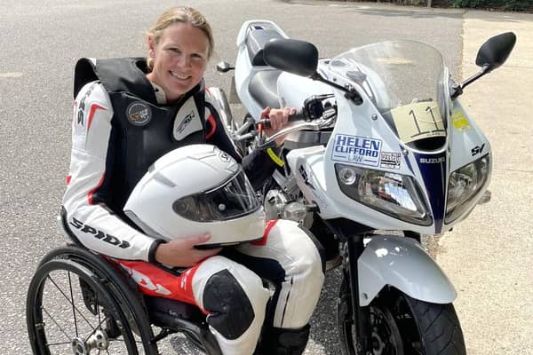 Disabled motorcyclist Claire Lomas with the Suzuki she will ride a lap of the North West 200 course on in May for charity.