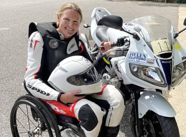 Disabled motorcyclist Claire Lomas with the Suzuki she will ride a lap of the North West 200 course on in May for charity.