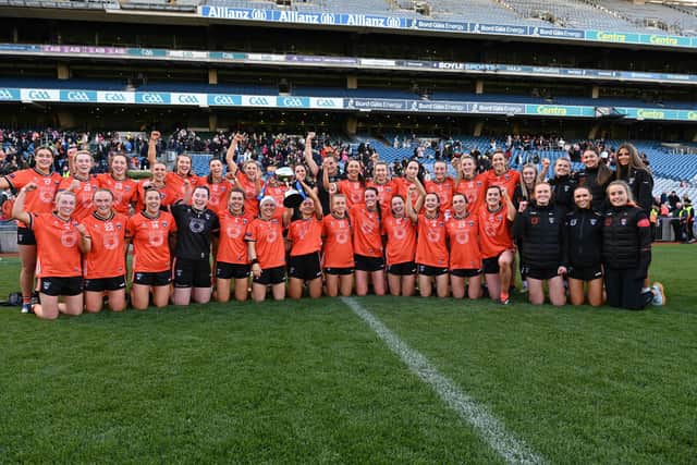 The Armagh Ladies players celebrate with the Division 1 title after their victory over Kerry last year. Pic: Brendan Monaghan