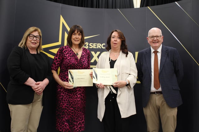 Dave Linton founder and Managing Director of social enterprise luggage company Madlug presented the certificates and trophies for the Further Education Student of the Year Awards. He is pictured with award winner for Supporting the Student Experience (Joint Winners) Elaine McKeown and Kim McCoy-Johnston with Deborah O’Hare, SERC.